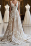 Champagne Vintage A-Line Spaghetti Strap Lace Tulle Long Formal Prom Dresses Wedding Dresses