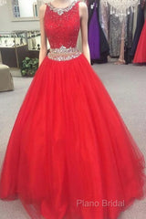 Charming Beaded Red Formal Prom Dresses, Long Formal Prom Dresses, Sexy Red Tulle Formal Dresses