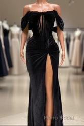 Charming Black Long Mermaid Off the Shoulder Velvet Formal Prom Dresses with Slit