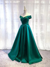 Charming Dark Green Satin Long Junior Prom Dress, Off Shoulder Evening Gown