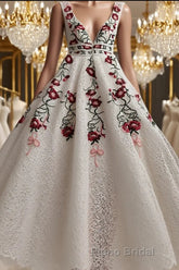 Charming Floral Embroidery Long Formal Prom Dresses V Neck A Line Party Dresses
