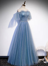 Charming Light Blue Tulle Puffy Sleeves Floor Length Party Dress, Blue A-line Pricess Gowns Prom Dress