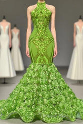 Charming Long Mermaid Halter Satin Lace Backless Formal Prom Dresses