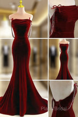 Charming Mermaid Wine Red Long Velvet Formal Dresses, Wine Red Long Party Dresses