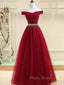 Charming Off Shoulder Tulle Beaded Formal Prom Gown, Wine Red Long Junior Formal Prom Dresses