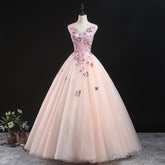 Charming Pink Flowers Ball Gown Long Sweet 16 Dress, Pink Prom Dress