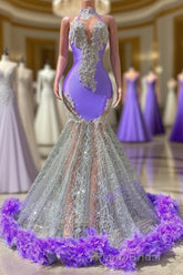 Charming Purple Long Mermaid Halter Satin Tulle Formal Prom Dresses