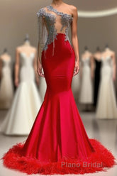 Charming Red Long Mermaid Tassel One Shoulder Satin Backless Formal Prom Dresses