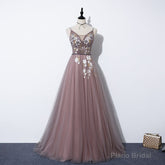 Charming V-neckline Flowers Dark Pink Prom Gown, Long Formal Dress