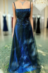 Chic A Line Spaghetti  Straps Navy Blue Tulle Evening Dresses Long Formal Prom Dresses