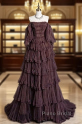 Chic Ball Gown Off The Shoulder Long Sleeves Evening Dresses Tulle Long Formal Prom Dresses