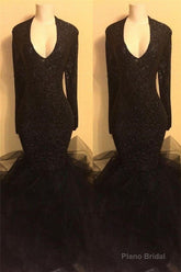 Chic black sequins prom dress, ruffles evening dress