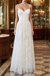 Chic Long A-line Sweetheart Spaghetti Strap Appliques Tulle Wedding Dress
