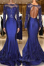 Chic Open Back Royal Blue Real Model Formal Prom Dresses Lace Long Sleeves Mermaid Evening Gown