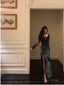 Chic Sheath Square Neckline Long Sleeves Green Long Prom Dresses Birthday Dress