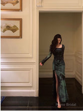 Chic Sheath Square Neckline Long Sleeves Green Long Prom Dresses Birthday Dress