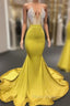 Chic Yellow Sleeveless Crystals Sheer Tulle Formal Prom Dresses New Arrival Mermaid Formal Evening Gowns
