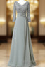 Chiffon Lace 3/4 Sleeve Double V Neck Grey Beading Mother of the Bride Dresses