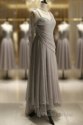 Chiffon Spaghetti Straps Transparent Beads Sweetheart Neck Grey Long Formal Prom Dresses