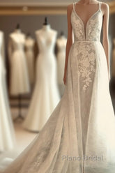 Classic Double V Neck Floral Lace Wedding Bridal Gowns Sweep Train