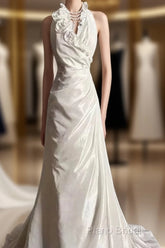 Classy A Line Halter Satin Ivory Long Wedding Dresses Bridal Dresses