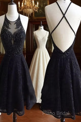 Custom Made Round Neck Backless Short Black Lace Formal Prom Dresses, Short Black Lace Formal Dresses