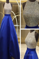 Custom Made Royal Blue Round Neck Sleeveless Formal Prom Dresses, Blue Formal Dresses