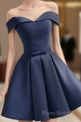 Custom Navy Blue Short Off Shoulder Sweetheart Party Dresses, Navy Blue Party Dresses
