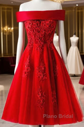 Cute A Line Off Shoulder Short Red Lace Formal Prom Dresses, Short Red Bridesmaid Dresses, Graduation Dresses