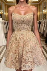 Cute Backless Short Golden Lace Formal Prom Dresses, Golden Lace Homecoming Dresses, Short Golden Formal Evening Dresses