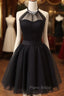 Cute Black Tulle Halter Short Homecoming Dresses, Black Formal Prom Dresses
