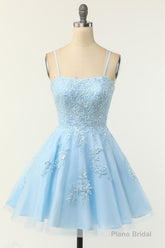Cute Glitter Blue Homecoming Dresses A Line Sequins Short Prom Dresses with Appliques