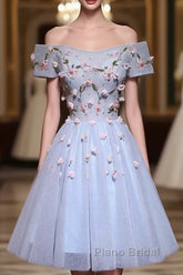 Cute Gray Blue Tulle Short Formal Prom Dresses, Off The Shoulder Homecoming Dresses