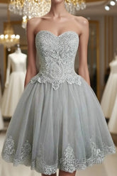 Cute Gray Tulle Lace Short Formal Prom Dresses, Gray Homecoming Dresses