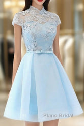 Cute Light Blue Tulle With Lace Party Dresses , Beautiful Short Classical Formal Dresses