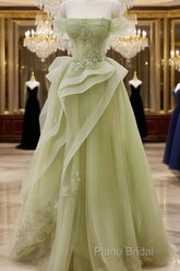 Cute Light Green A-Line Beaded Tulle Party Dresses, Light Green Long Formal Prom Dresses