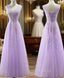 Cute Light Purple Tulle with Lace V-neckline Formal Prom Dresses, Long Evening Gown Formal Dresses