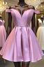 Cute Off Shoulder Pink Satin Short Formal Prom Dresses, Off the Shoulder Pink Homecoming Dresses, Pink Formal Graduation Evening Dresses