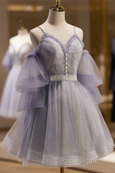 Cute Off Shoulder Tulle And Lace Straps Homecoming Dresses, Short Formal Prom Dresses