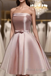 Cute Pink Satin Scoop Knee Length Short Formal Prom Dresses Homecoming Dresses, Pink Formal Dresses