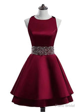 Cute Satin Knee Length Cross Back Beaded Party Dress, Homecoming Dress