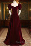 Cute Short Sleeves Burgundy Long Formal Prom Dresses