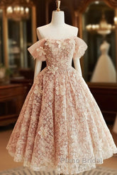 Cute Tulle Flower Short Formal Prom Dresses, Beautiful Off The Shoulder A-Line Evening Party Dresses