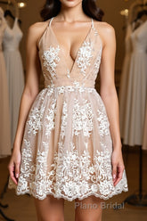 Cute V Neck Backless Pink Lace Appliques Short Formal Prom Dress, Pink Lace Formal Graduation Homecoming Dress