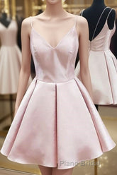 Cute V Neck Open Back Pink Short Formal Prom Dress, Backless Pink Homecoming Dress, Short Pink Formal Evening Dress