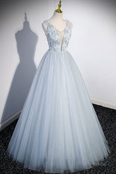 Cute V-Neck Tulle Long Prom Dress, Gray Evening Dress Party Dress