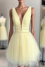 Cute Yellow V Neck Tulle Beads Short Formal Prom Dresses Yellow Homecoming Dresses