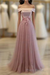 Pink A Line Off Shoulder Floor Length Formal Prom Dresses, Lace Evening Dresses