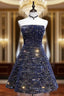 Dark Blue A-Line Sequin Lace Short Formal Prom Dresses, Blue Homecoming Dresses
