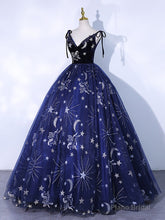 Dark Blue A-Line Tulle Lace Long Prom Dress, Dark Blue Long Formal Dress